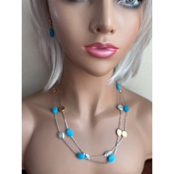 Brighton Mediterranean Turquoise Long Brushed Silver Gold Necklace, Earrings - Picture 3 of 6